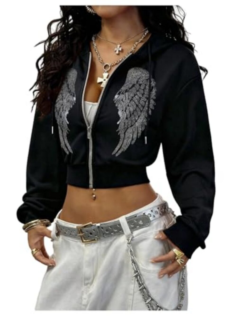 Y2K Rhinestone Goth Fairy Zip Up Crop Hoodie Jacket Long Sleeve